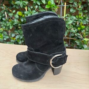 Volatile Black Suede Heeled Boots with Buckle